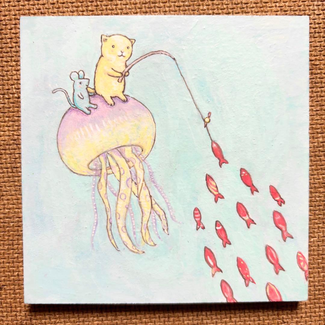 自作絵画 サカナの群れを釣り上げた 猫とネズミの絵 - メルカリ
