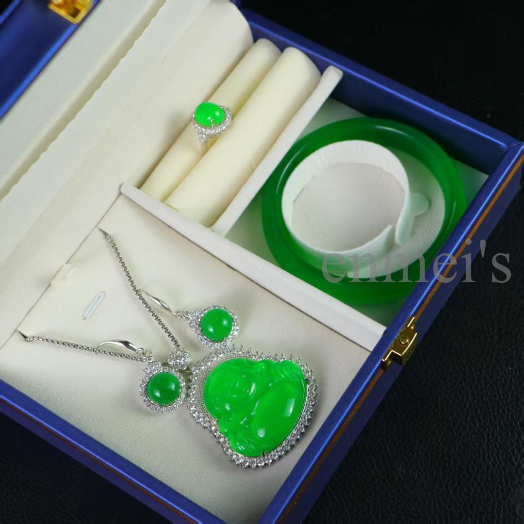 高級天然冰種翡翠 仏像モチーフジュエリーセット 銀製装飾付 精工細作 宗教美術品 天然水晶 蓮上観音菩薩 彫刻 約30cm｜クリアクォーツ 仏像 一点物｜Kou