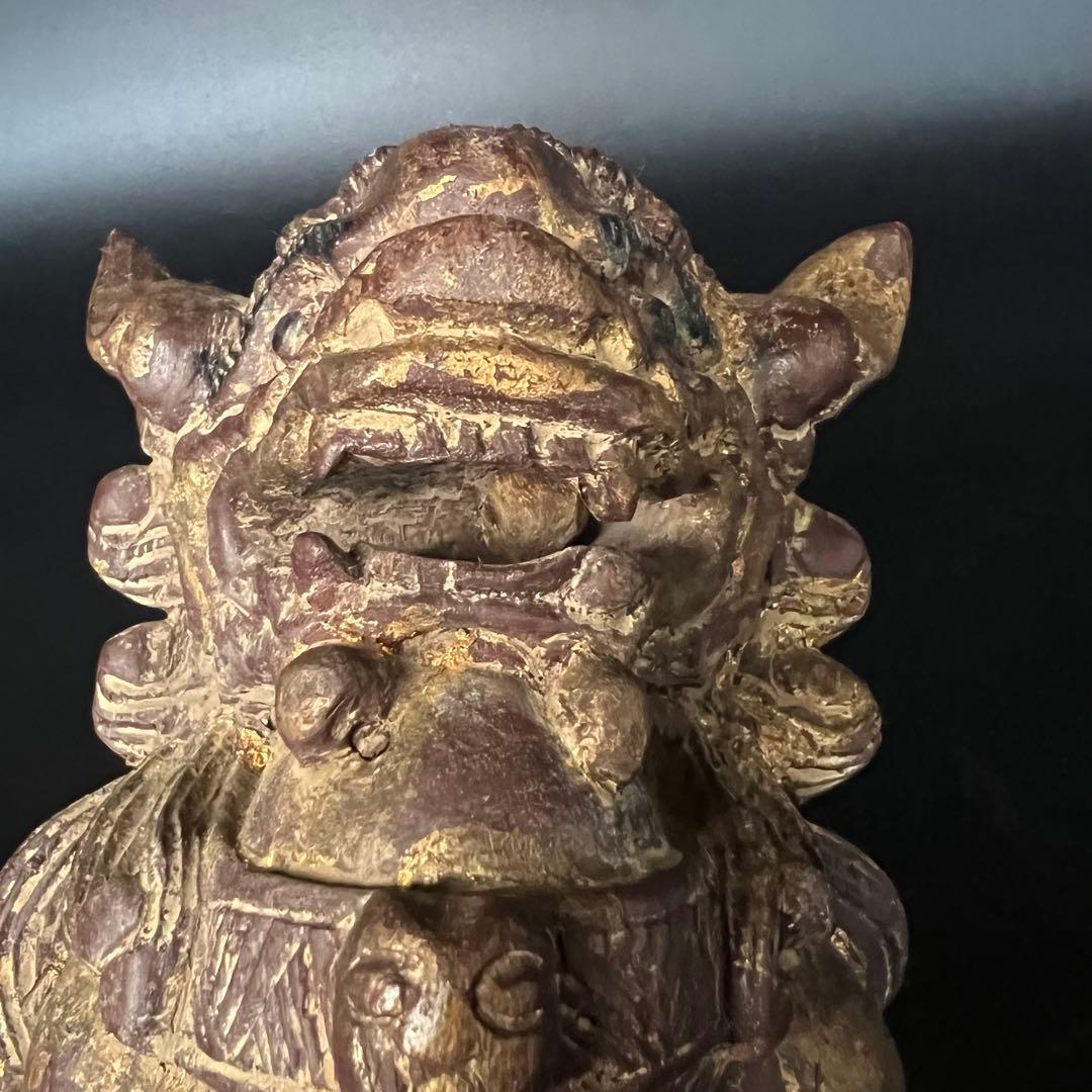 ◎古道具 庵々◎清朝中後期 木彫 守護獅子置物◎狛犬 唐物中国古美術