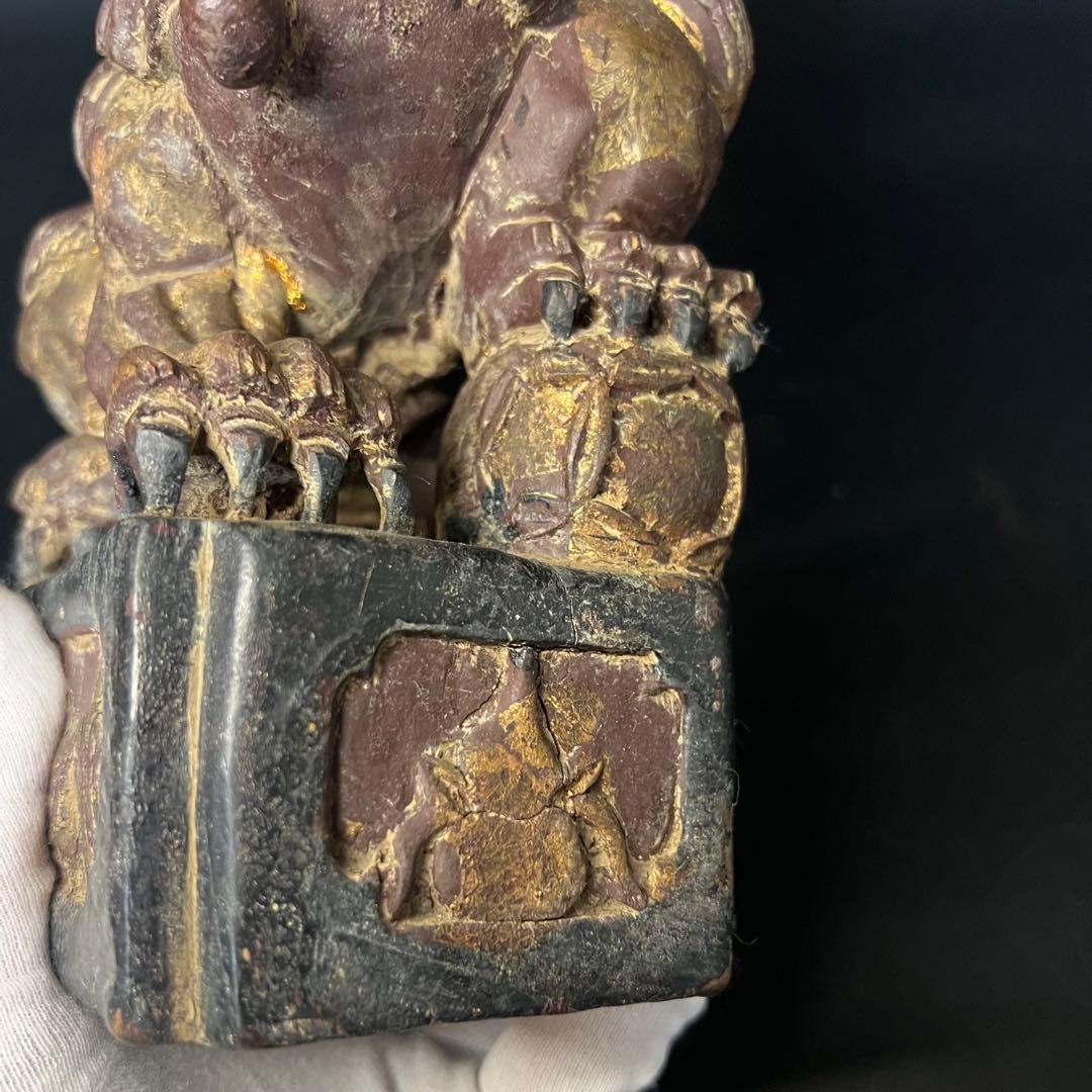 ◎古道具 庵々◎清朝中後期 木彫 守護獅子置物◎狛犬 唐物中国古美術