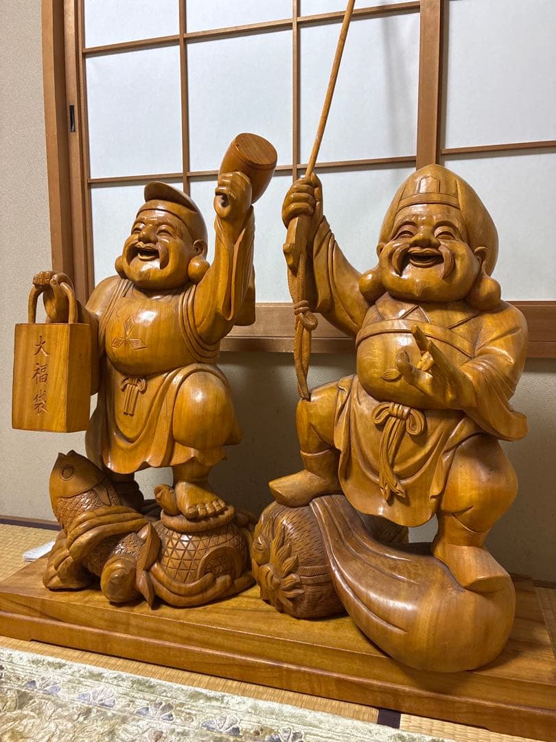 【値下げ】アンティーク金絲楠木 恵比寿大黒天 木の手彫り一対 80cm 大型