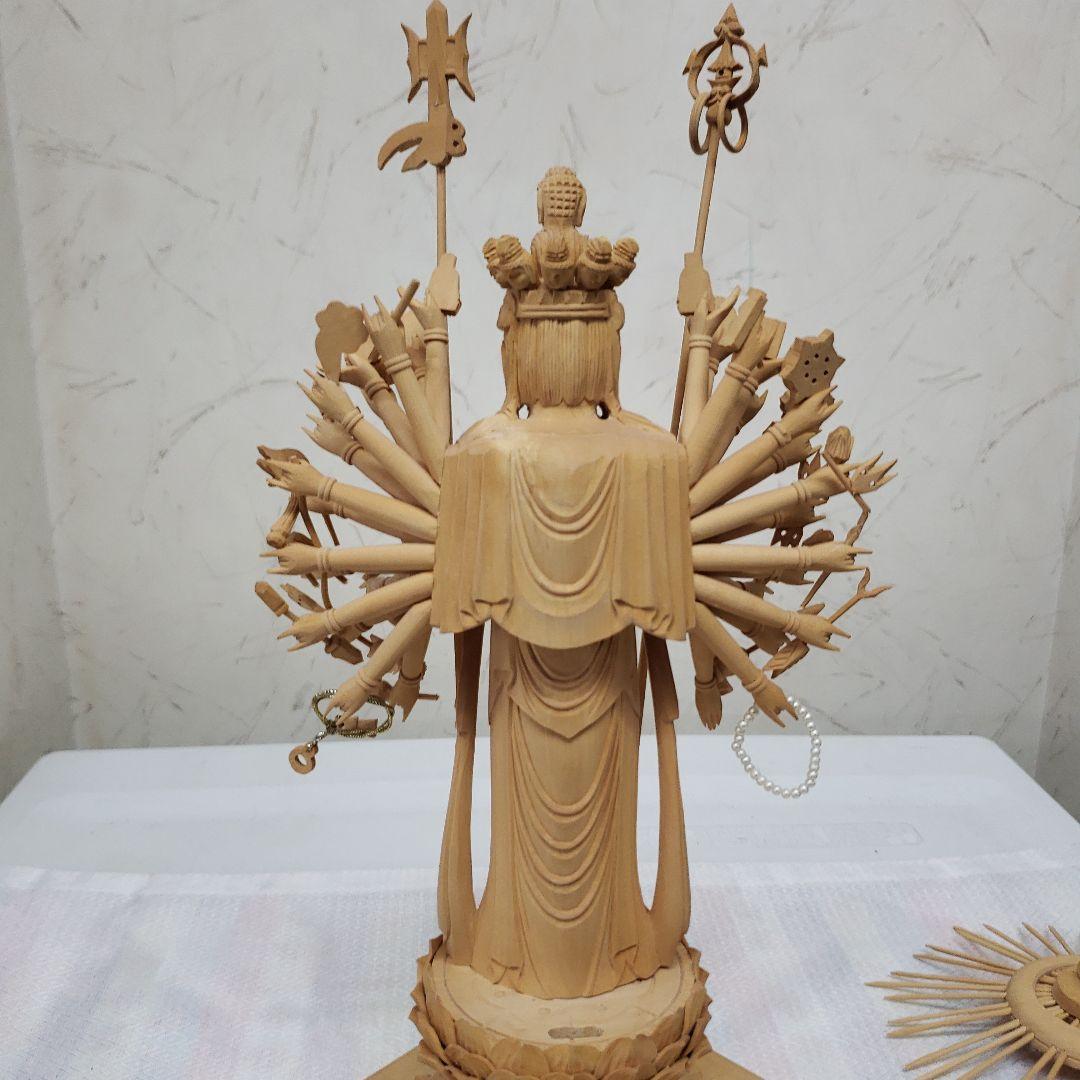 Bフライデー希少上彫り仏像☆柘植材 千手観音菩薩像5寸