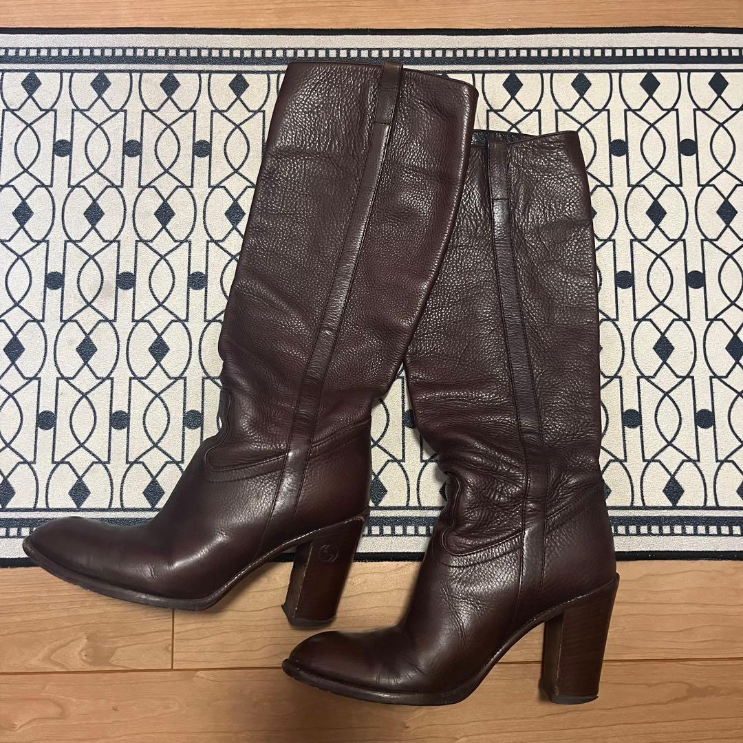 年末お値下げ！グッチ　ブラウン レザー ロングブーツ ジェイヴィエーエム JVAM ラウンドトウレザーロングブーツ （ブラウン