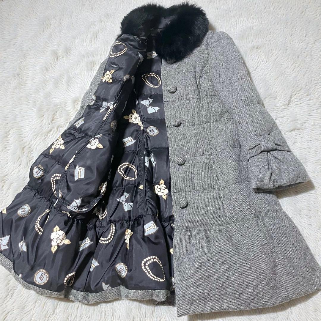 美品 エムズグレイシーツイード ダウンコート フォックスファー 2way 38