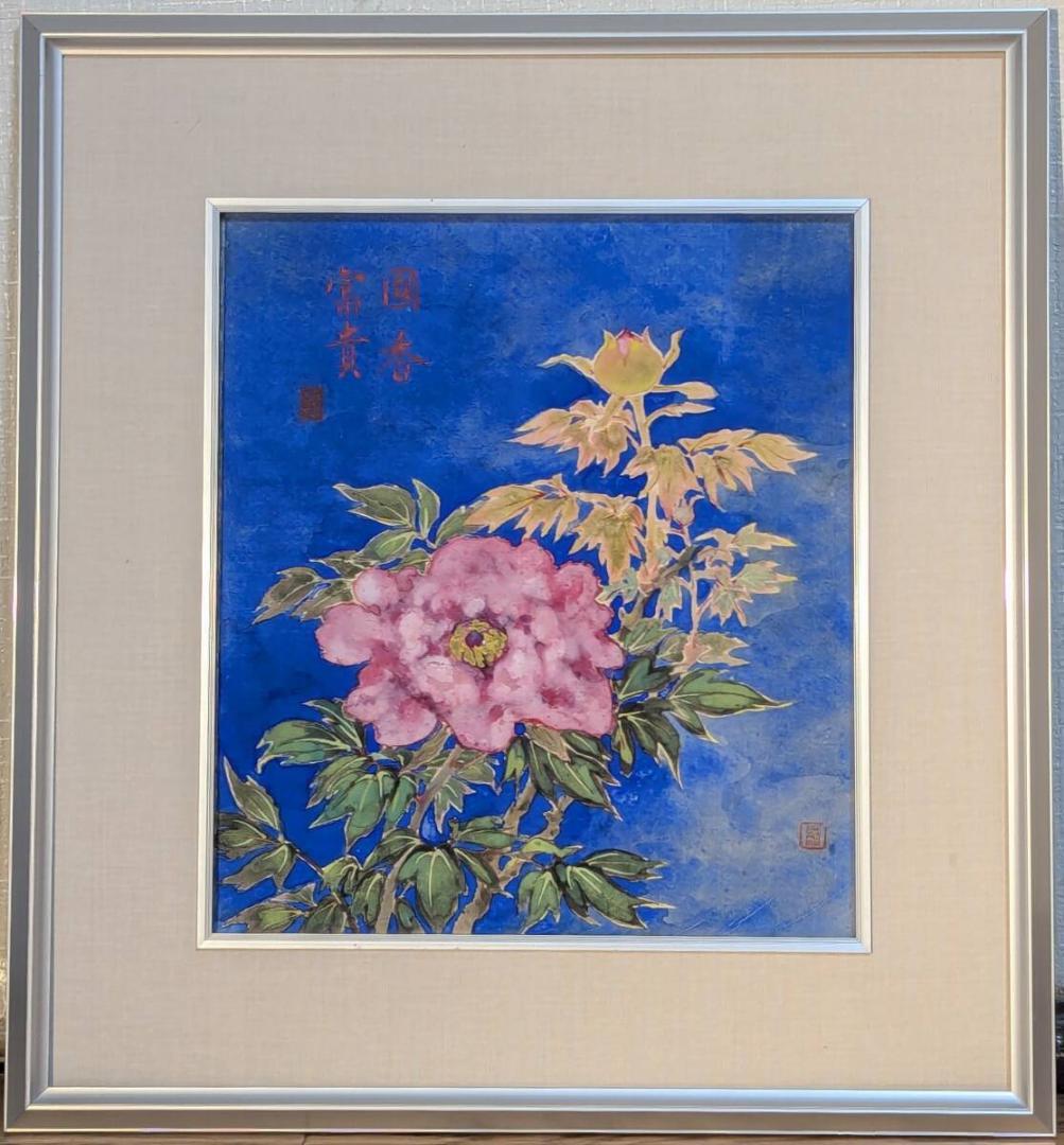 【真作】絵画　日本画（色紙）　牡丹図　鮮やかな青と華やかな花の共演　Y70