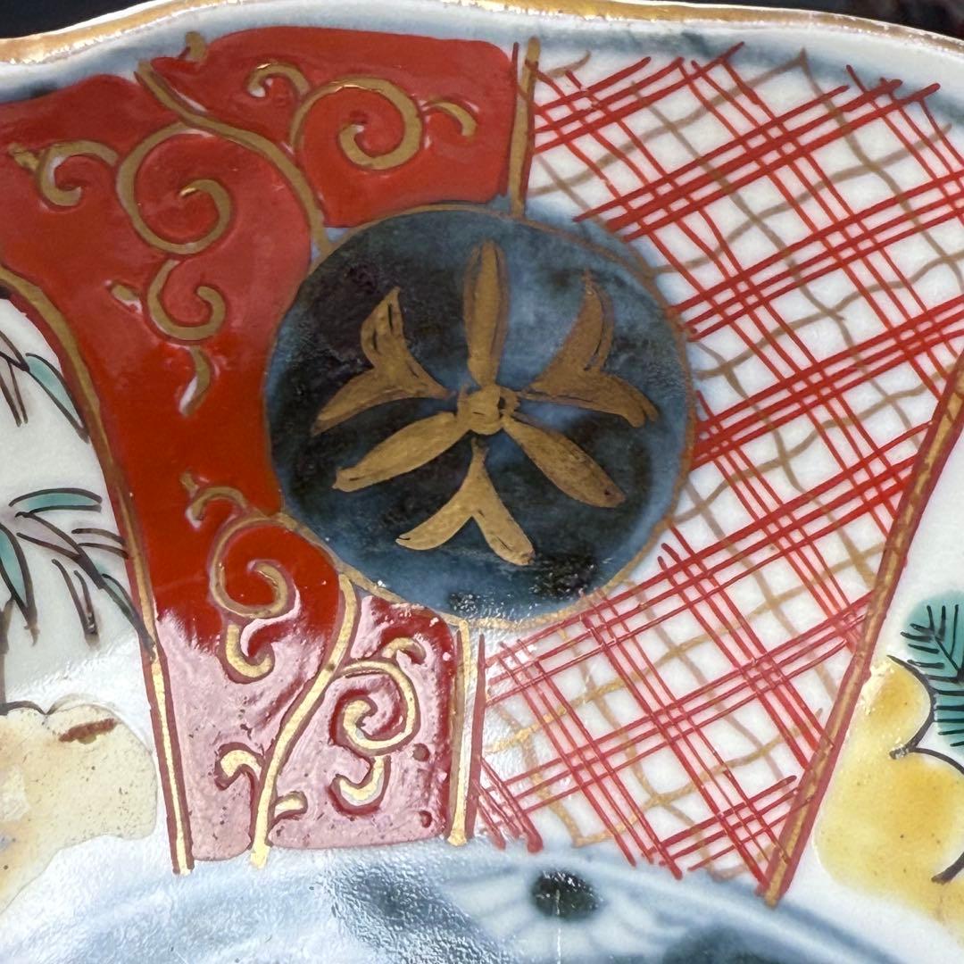 江戸中期〜後期 古伊万里 色絵柘榴文菊花形 なます皿 5枚 裏七宝結文