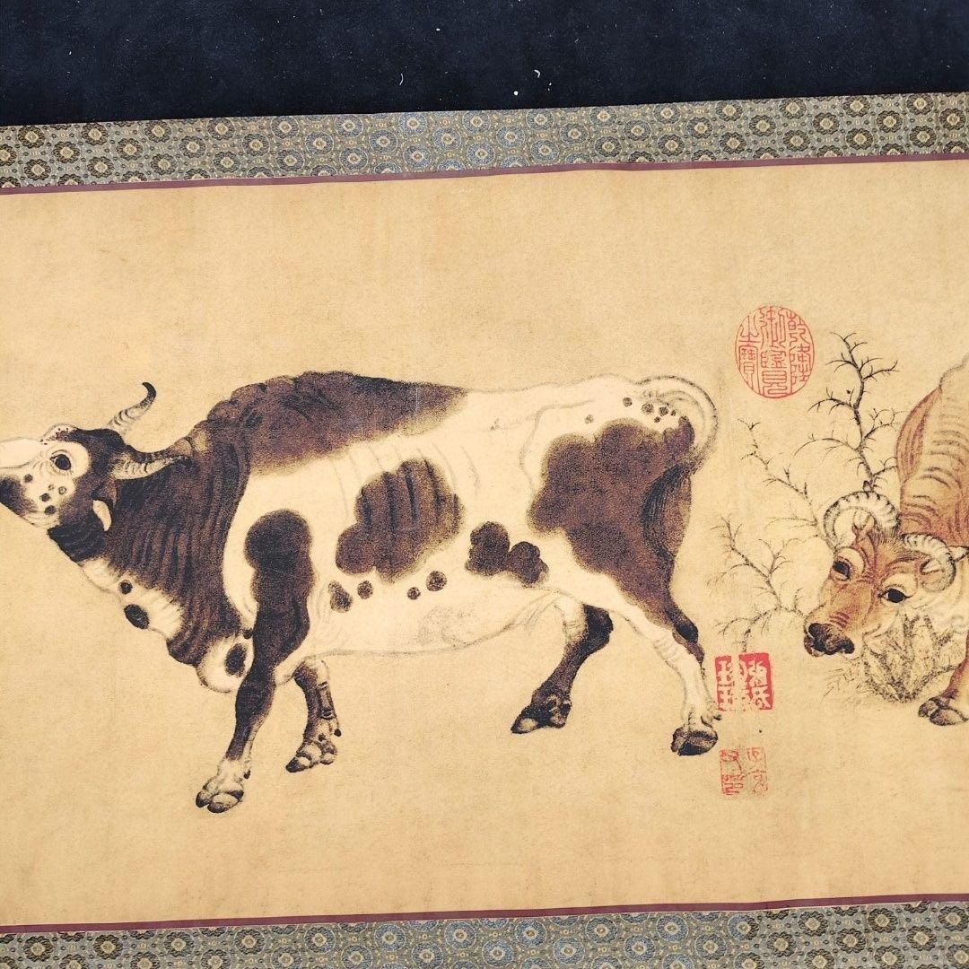 中国古画 韓滉《五牛図》 中巻 絹本 掛け軸 約392×71cm