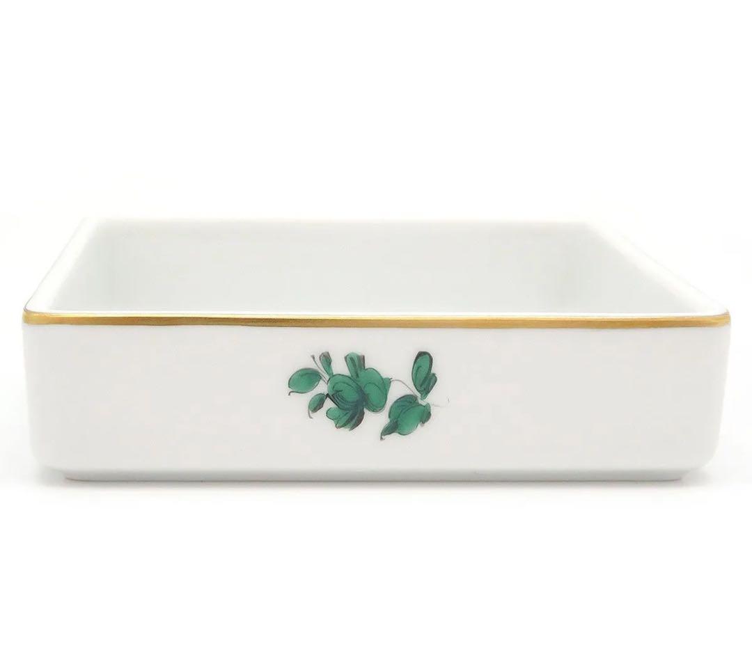 アウガルテン 小物入れ マリアテレジア 緑色のバラ 磁器 金彩【中古