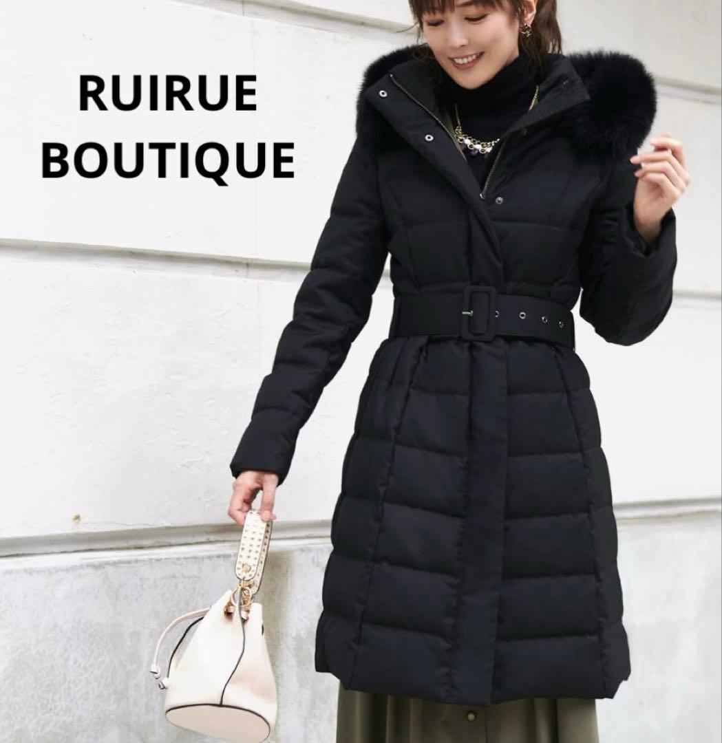 極美品 ルイルエブティック ベルト付きフォックスファーダウンコート 黒 LL