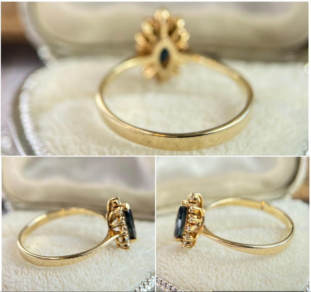 ☆ K14 585 サファイア マーキスカット 取り巻きダイヤ ゴールド 12号