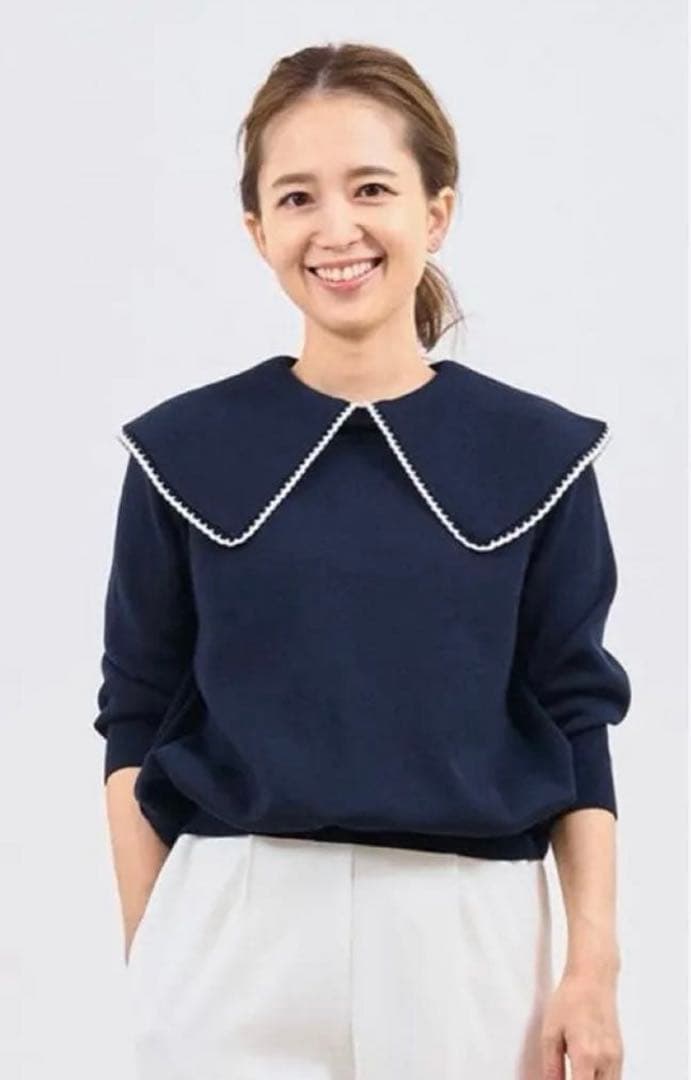 yori コットン刺繍カラーニット　ネイビー