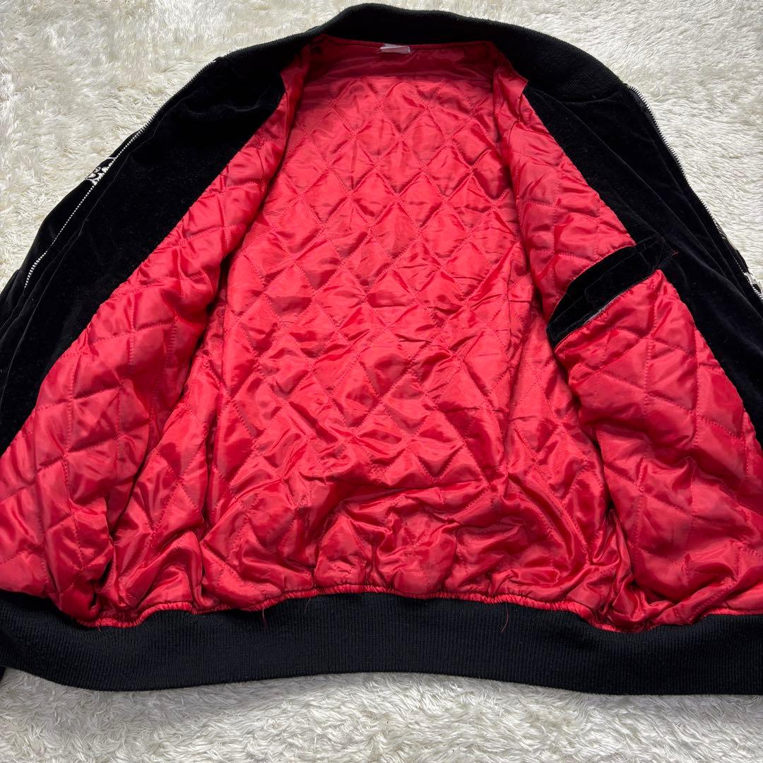 ヴィンテージ スカジャン 別珍 ベロア 龍 刺繍 キルティング 中綿 黒 L