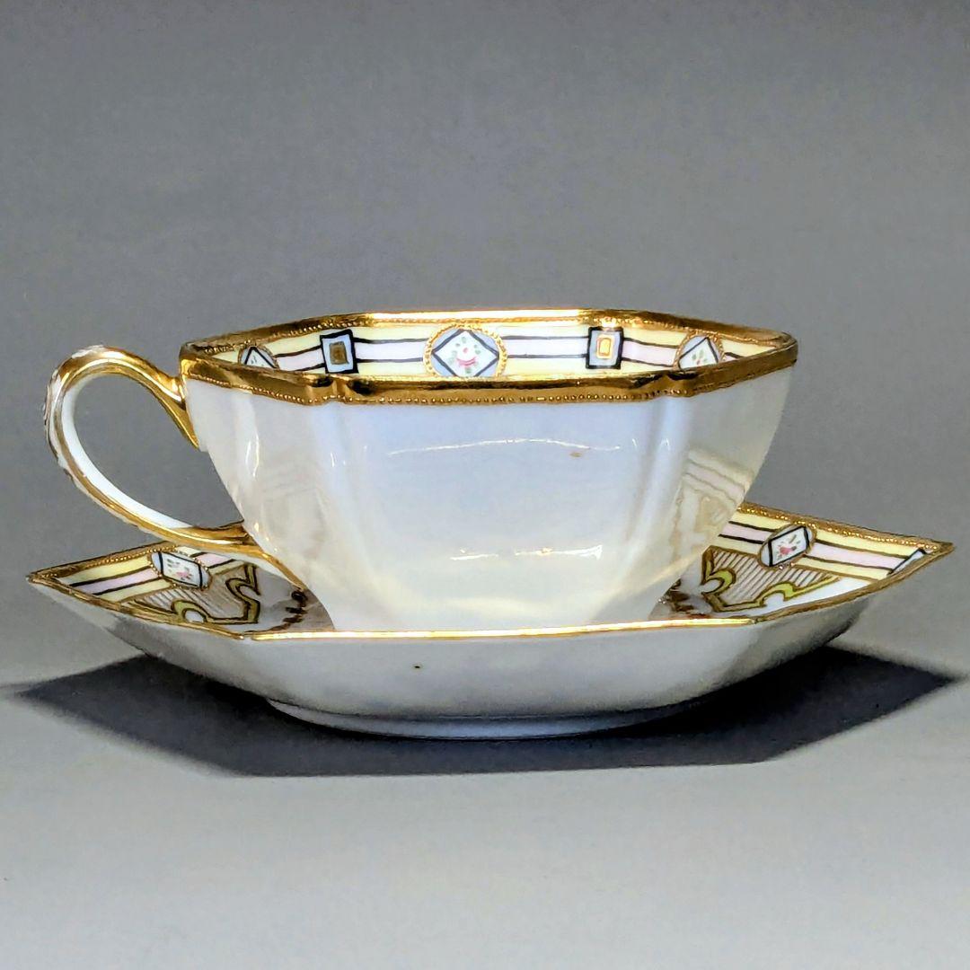 オールドノリタケ・金盛上陽刻薔薇柄 ガーランド装飾 ヘキサゴン