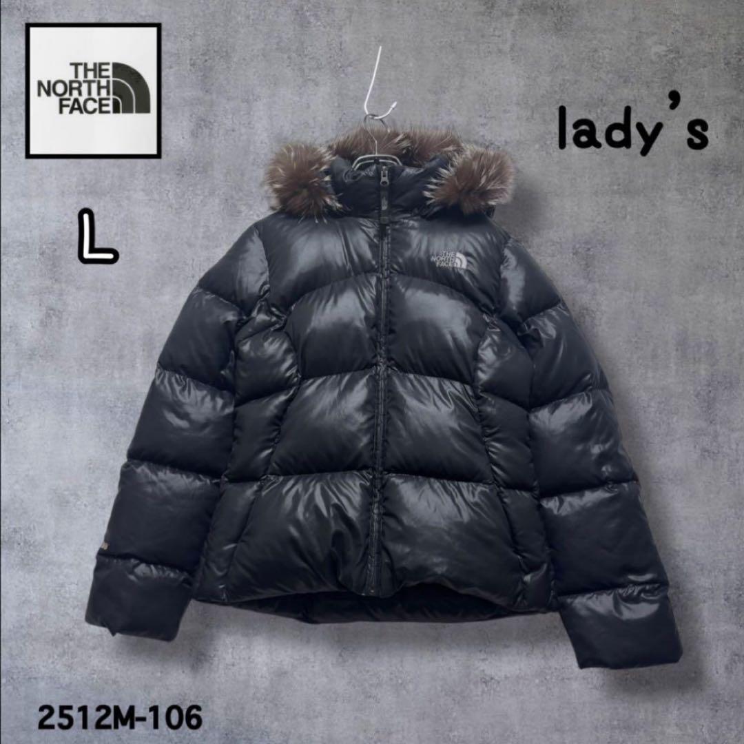 ☆人気　ノースフェイス　刺繍ロゴ　ダウンジャケット　ファーブラック　レディースL