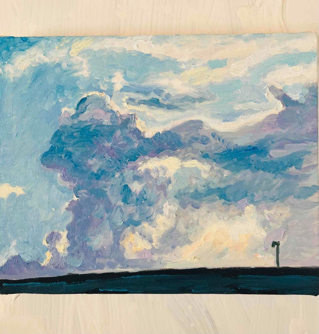油彩画　原画「近所の風景　高速と神々の記憶が投影された空」F3 アート　絵画 油彩画 原画「近所の風景 高速と神々の記憶が投影された空」アート
