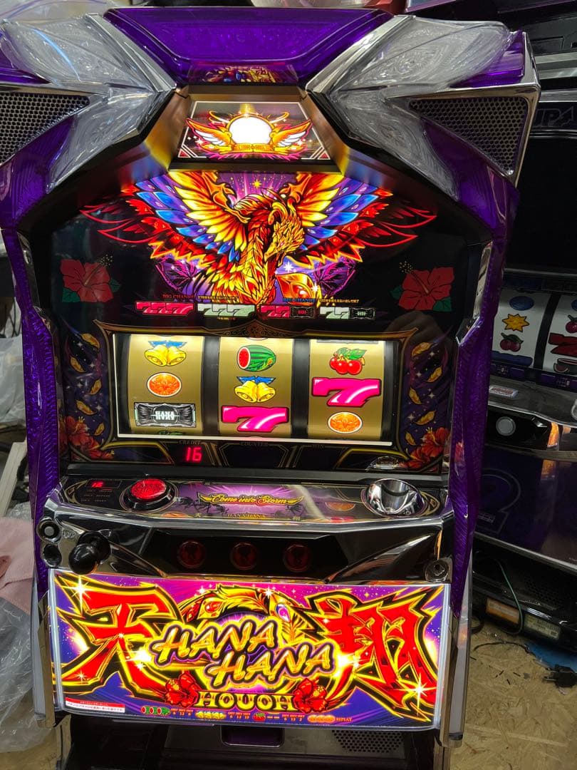 パチスロ実機　ハナハナ天翔　紫パネル　バイブオンオフスイッチ付き パチスロ新台「ハナハナホウオウ～天翔～（25Φ）」に紫パネル登場