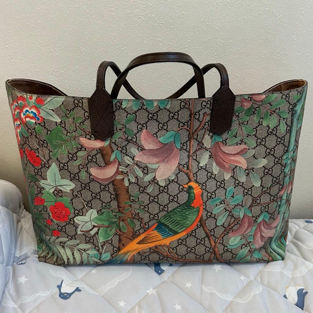 GUCCI グッチ ティアン GGスプリーム トートバッグ 鳥 総柄 ベージュ