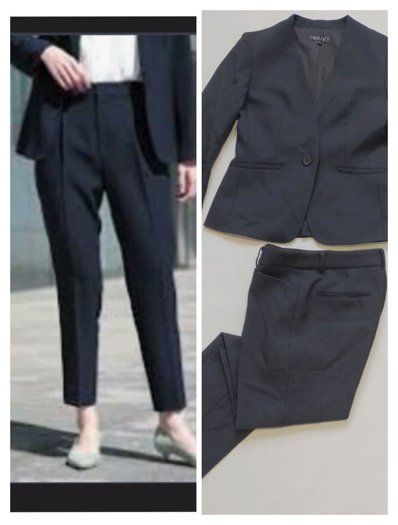 極美品　インディヴィ　ノーカラージャケット　パンツ　スーツ　セットアップ　紺