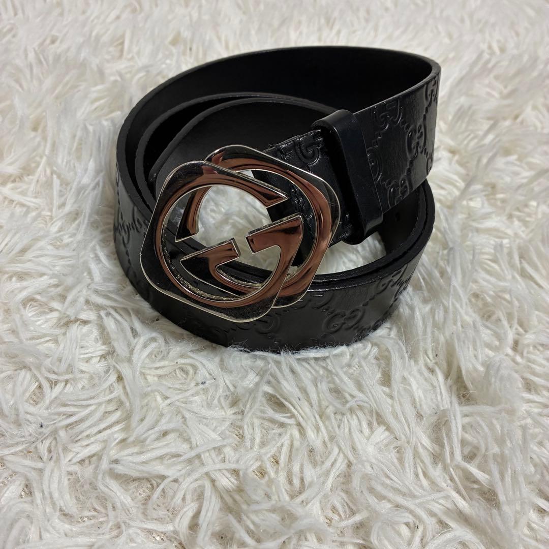 グッチ ベルト インターロッキング シマ GG レザー シルバー ブラック