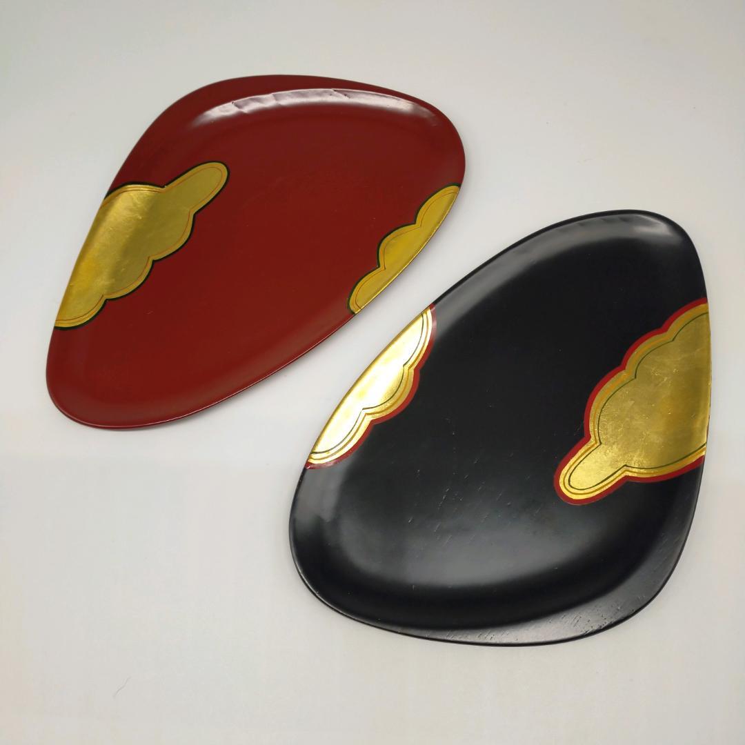 未使用　象彦　銘々盆　漆器 盆セット 菓子器　赤　黒 雲模様