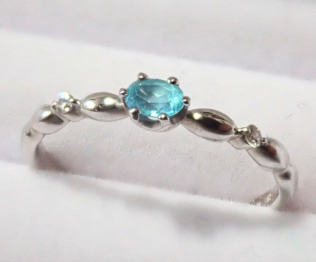 沈*花様 天然パライバトルマリン0.12ct ダイヤモンド リングK18WG刻印