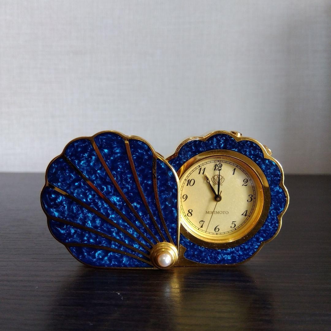 ミキモト　シェル型 時計 クリスタルラッカー 青 トラベルクロック パール