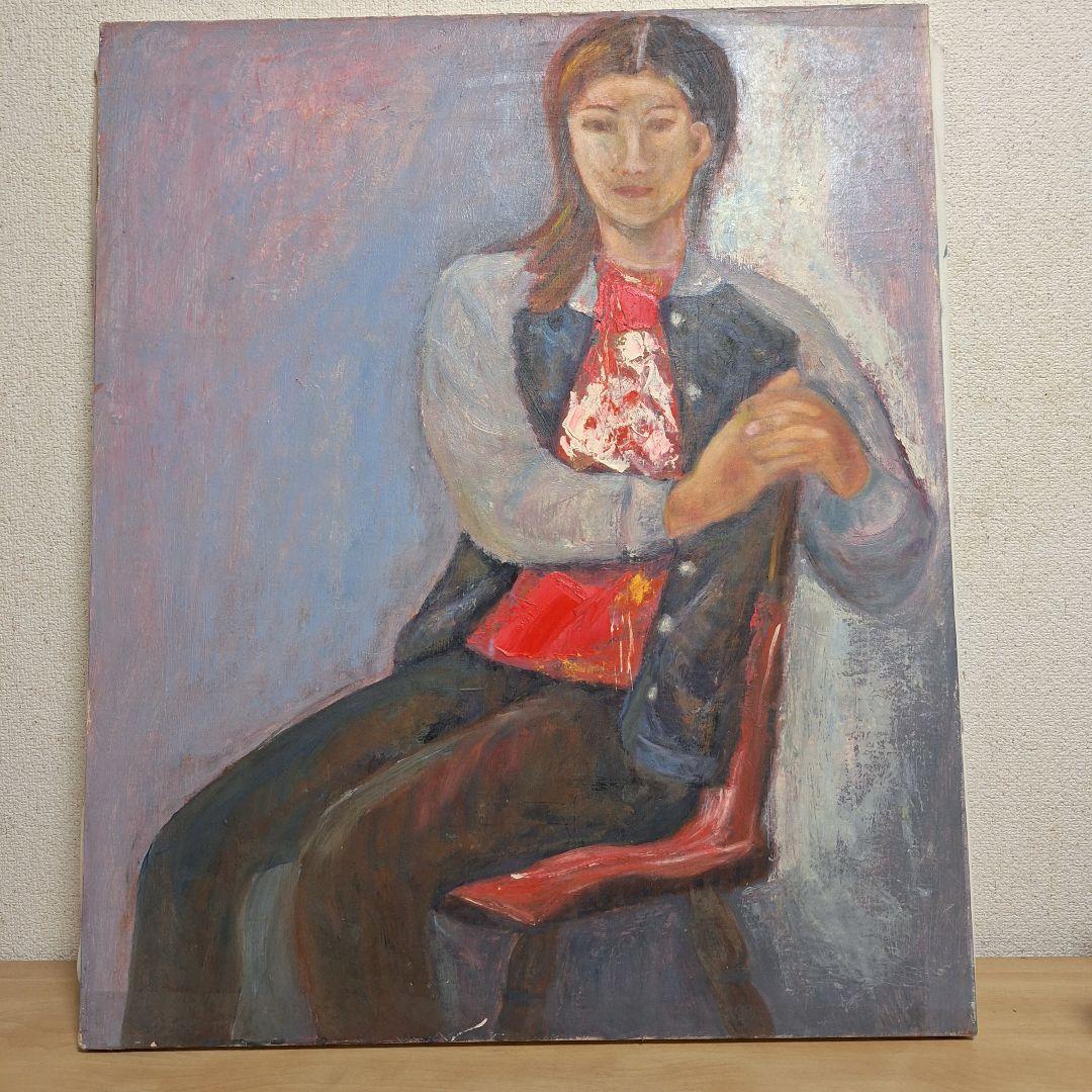 人物画　油絵　アンティーク　レトロ　赤のセーター　冬の記憶 リスと木の実柄 ニットカーディガン fu0852 | fullu