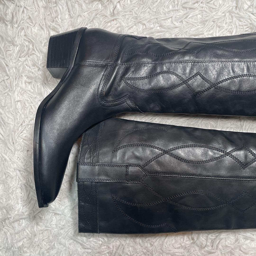 新品　未使用　ZARA ウエスタンブーツ　ロング　レザー　ブラック　25.5cm