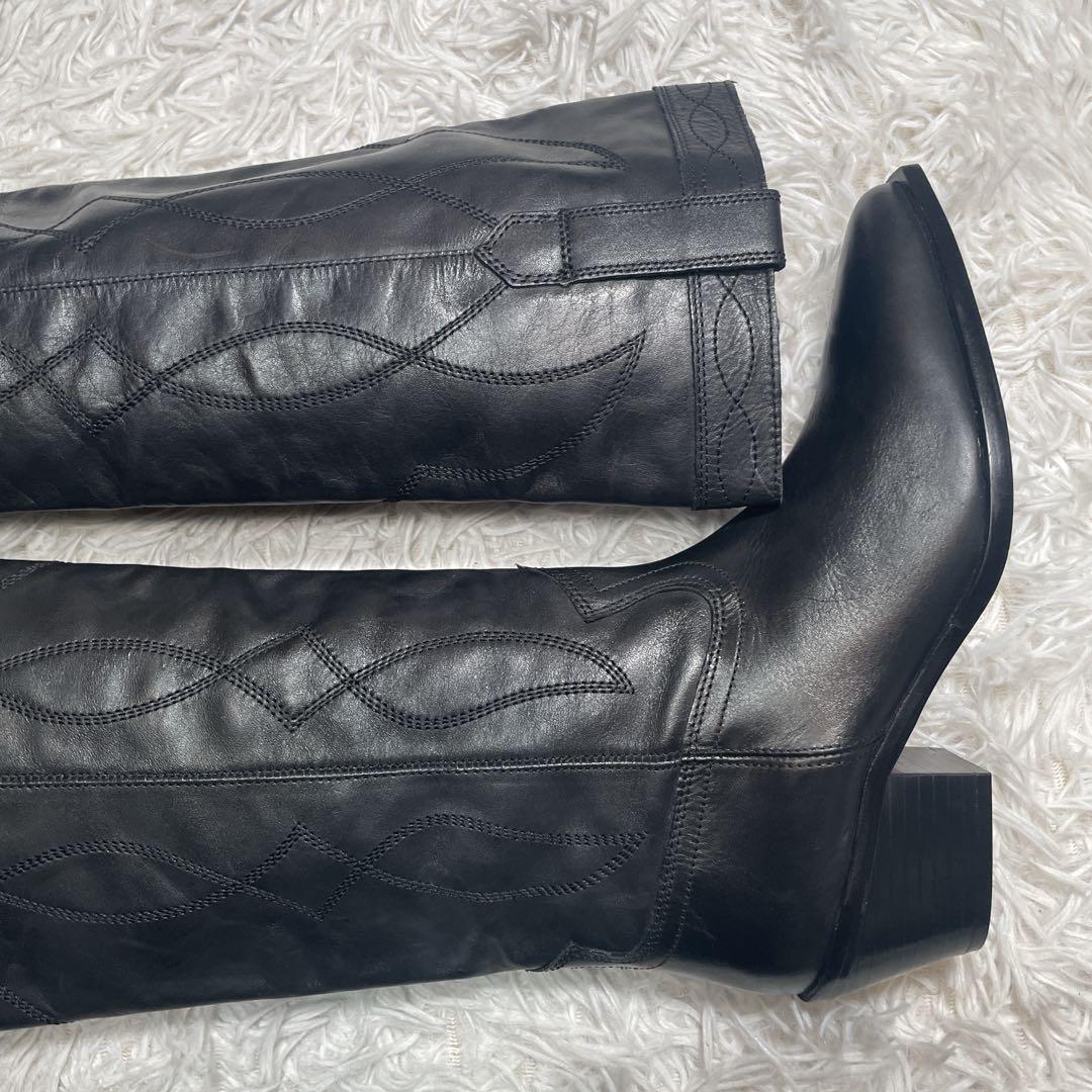 新品　未使用　ZARA ウエスタンブーツ　ロング　レザー　ブラック　25.5cm