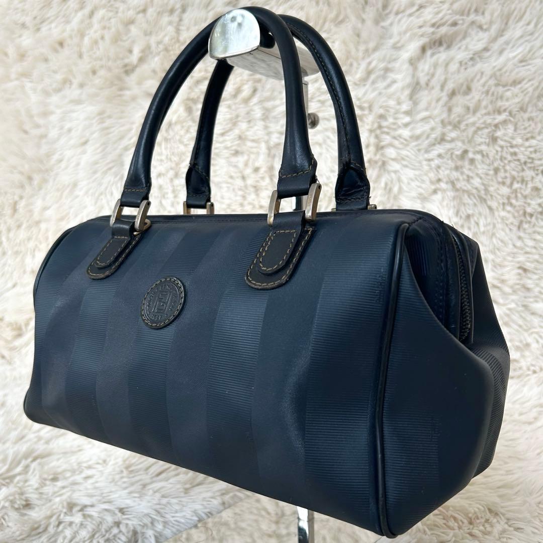 FENDI ペカン柄 ミニボストン PVC ネイビー　ストライプ　金具