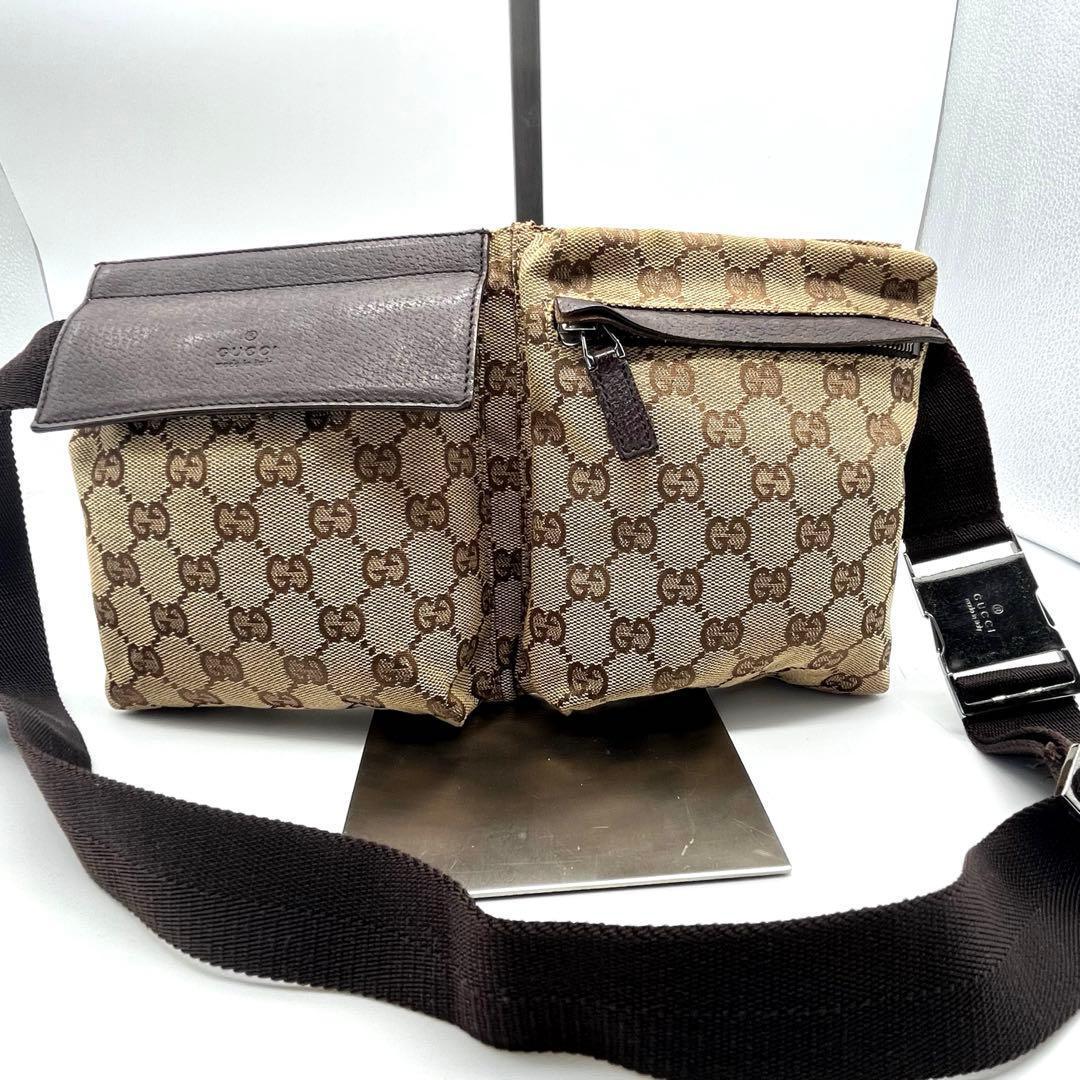 美品✨グッチ ボディバッグ ウエストポーチ レザー×GGキャンバス ブラウン