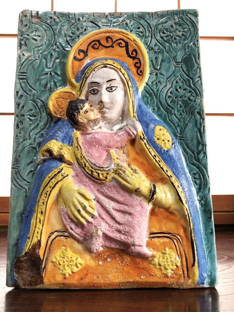 【 聖マリア母子像　東方正教 】　イコン陶板レリーフ 　骨董 Yahoo!オークション - イコン（聖像画）聖母マリア 珍しい陶板製／キリ