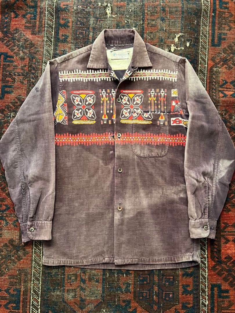 1950年代 50s プリントコーデュロイ シャツ　フェード