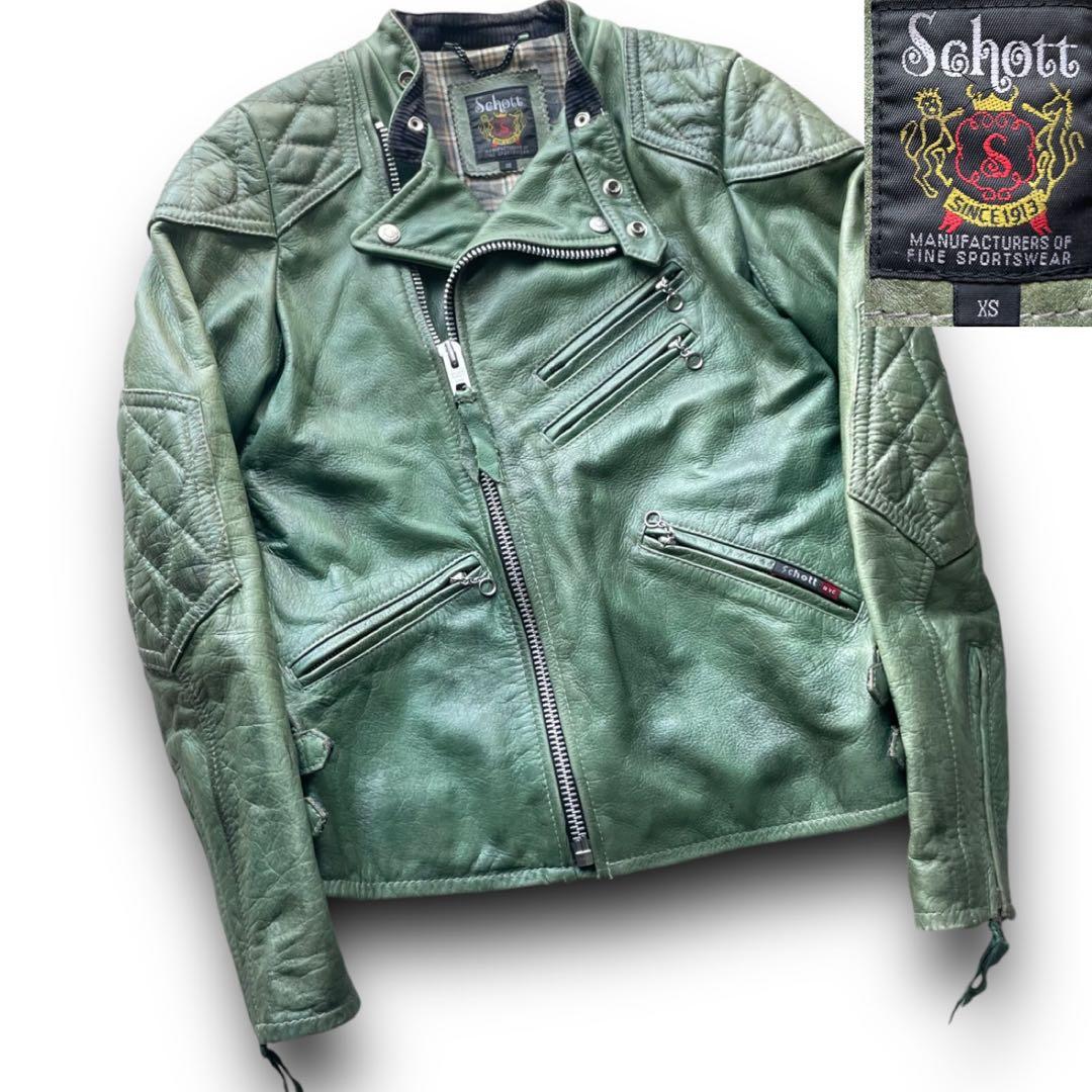 Schott クラシックレーサー グリーン レザーダブルライダース