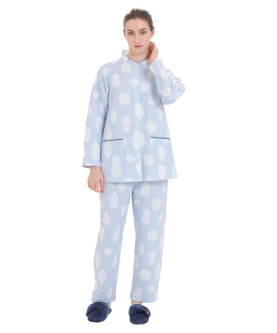 ナルエー　裏綿接結(綿入り)厚手ホーリービジューフリルパジャマM～L