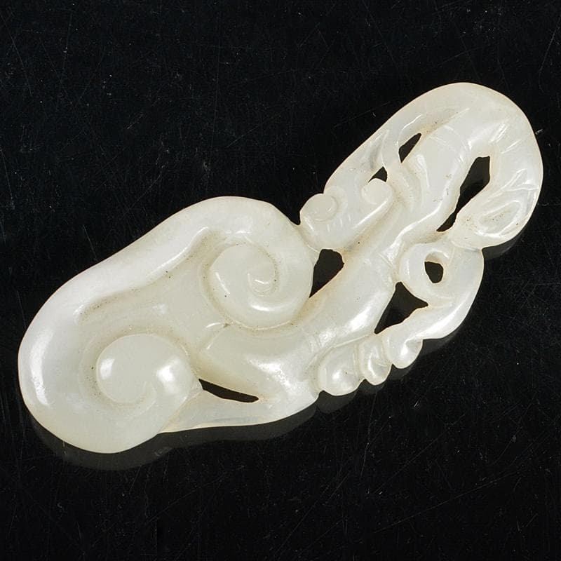 中国　玉石白玉彫刻　霊芝彫　根付　置物　V　R5977E