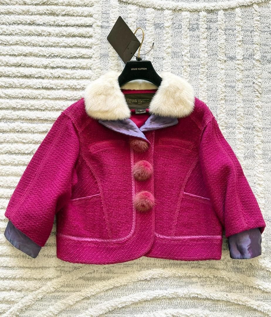Louis Vuitton ホットピンク ミンク襟 ツイード ショートジャケット