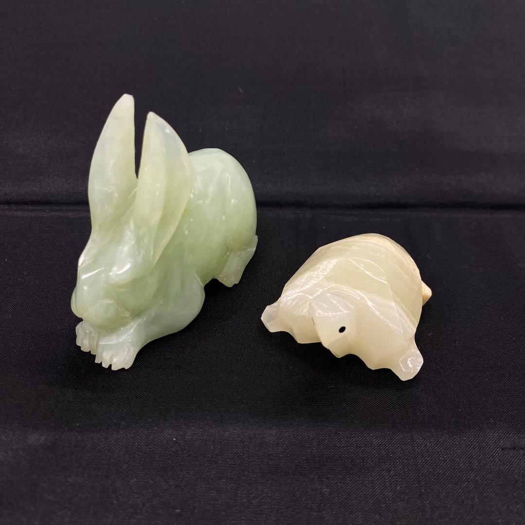 ♦︎1152 兎と亀 ホワイトオニキス 亀 翡翠 うさぎ 彫刻 オブジェ 東洋