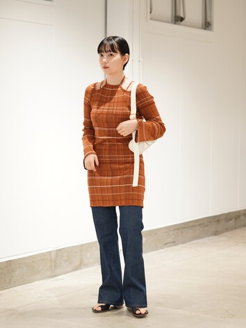 レディース】Random Ribbed Plaid Knitted Dress With Choker | Mame