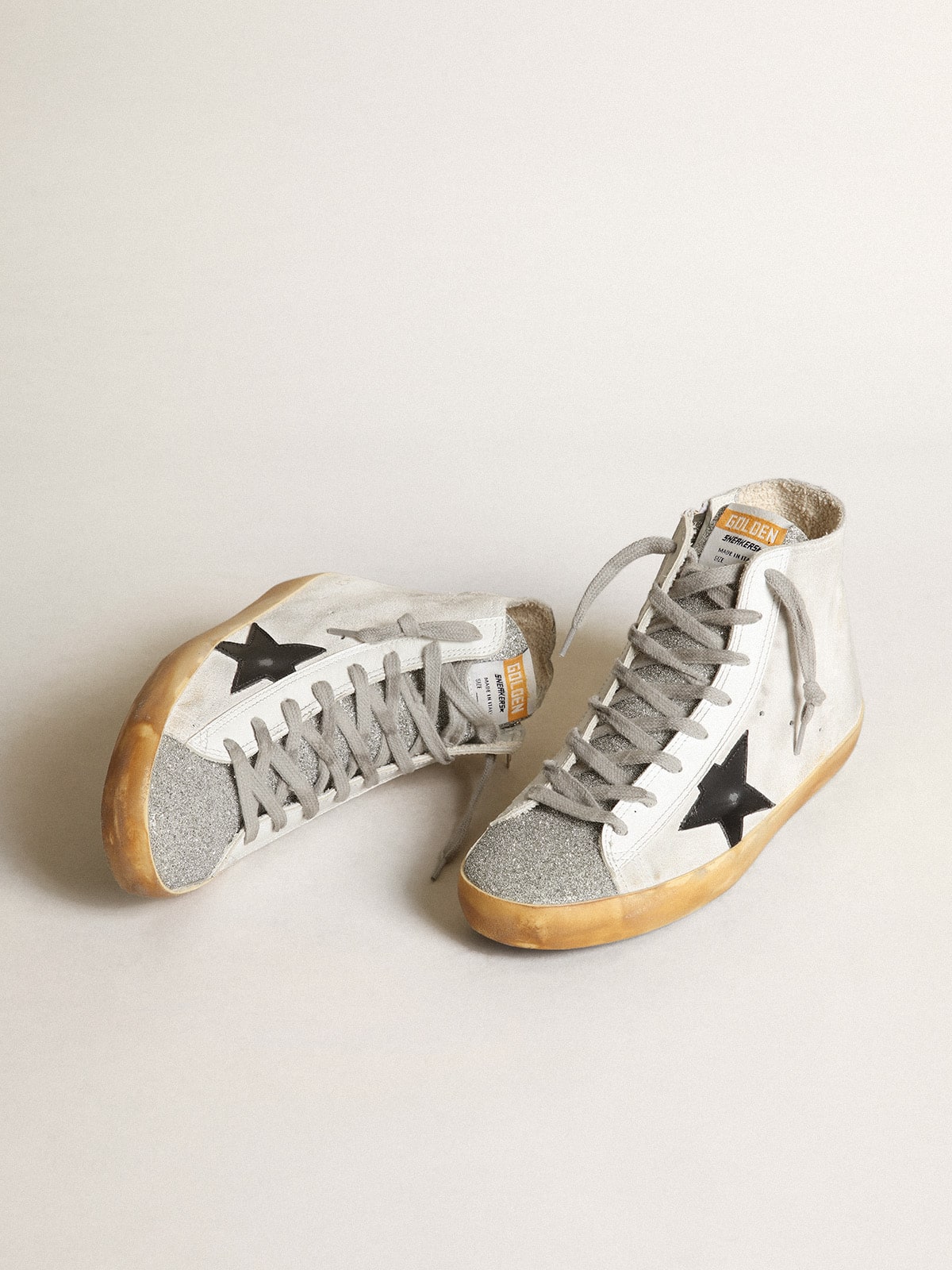 Women's Francy in white suede with black leather star and silver