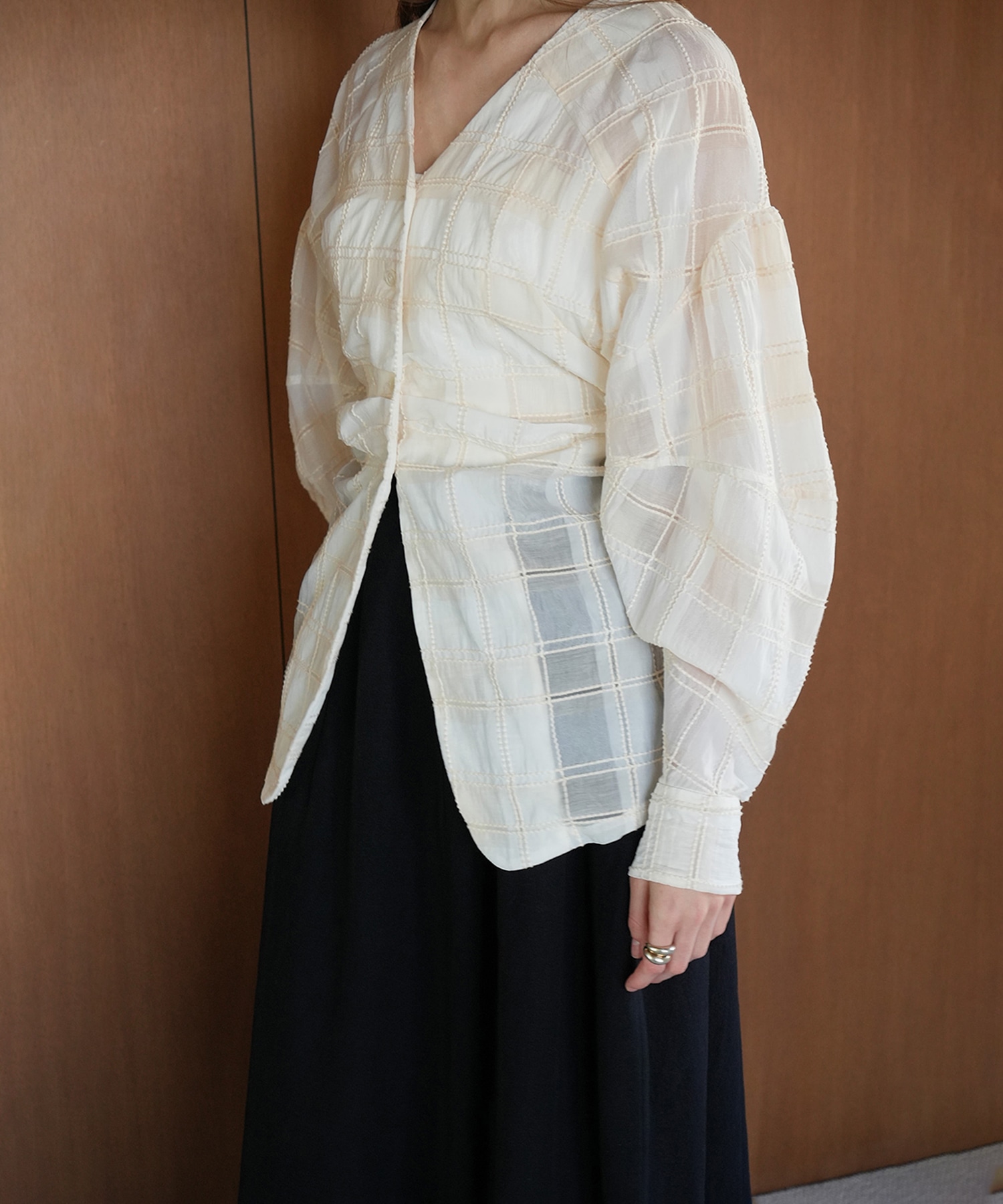 SHEER CHECK TUCK WAIST BLOUSE(1 IVORY): CLANE: WOMENS｜ STUDIOUS