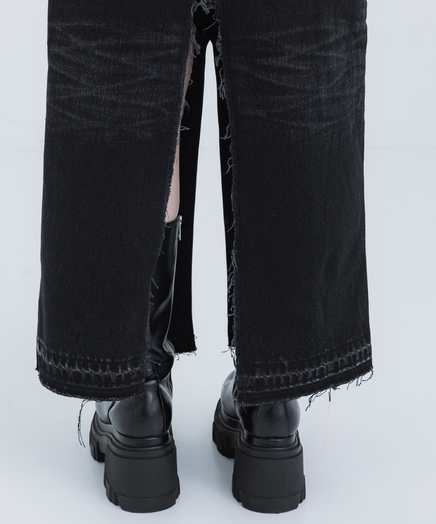 WASHED DENIM RIPPED LONG SKIRT(XS BLACK): JOHN LAWRENCE SULLIVAN