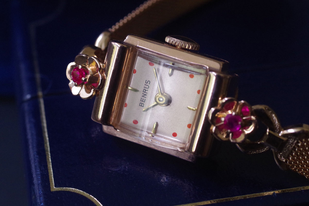 BENRUS ベンラス 14金ピンクゴールド＆ルビー アンティーク機械式時計