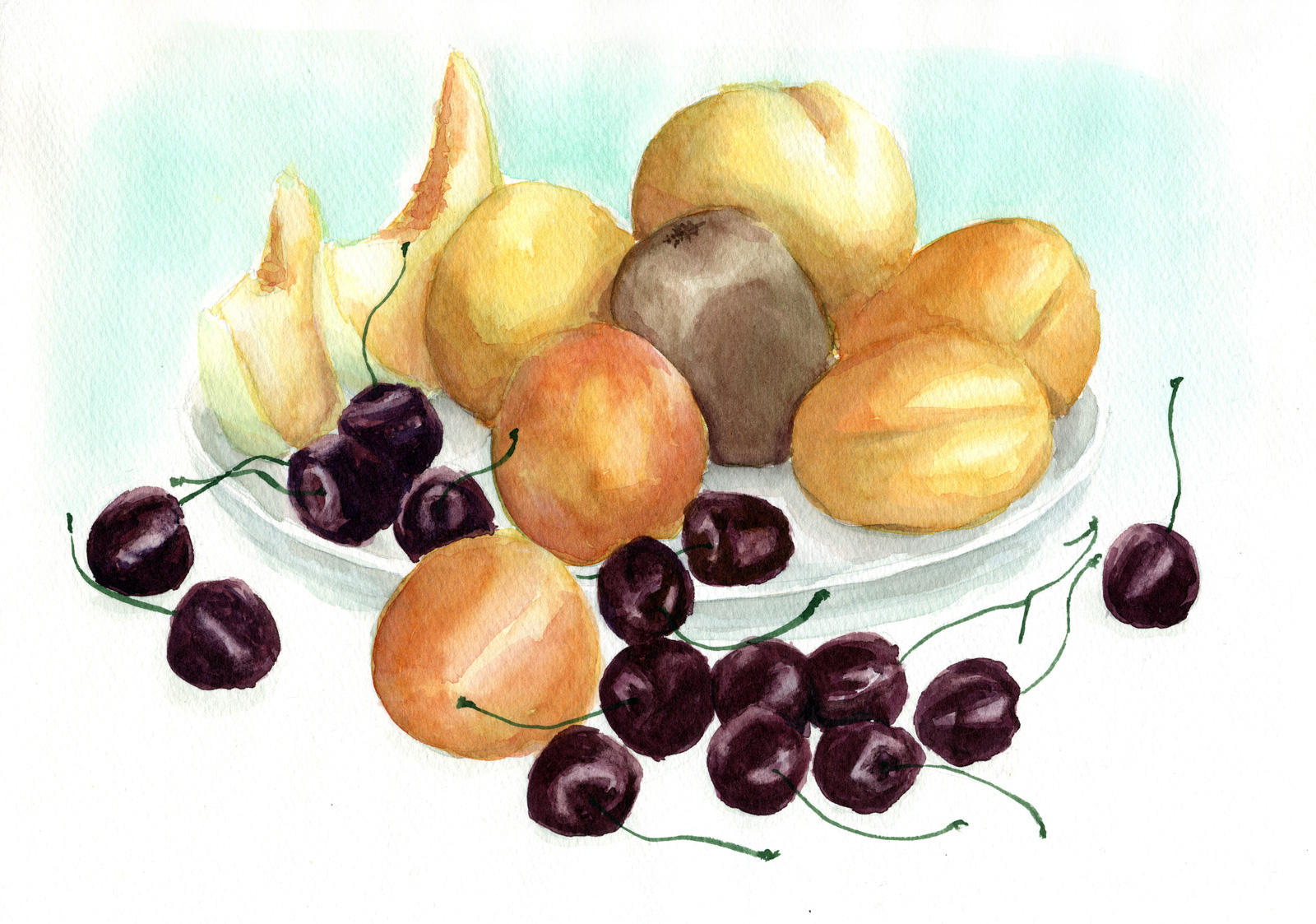 アソート フルーツ」を水彩で描きました さまざまな果物の盛り合わせ