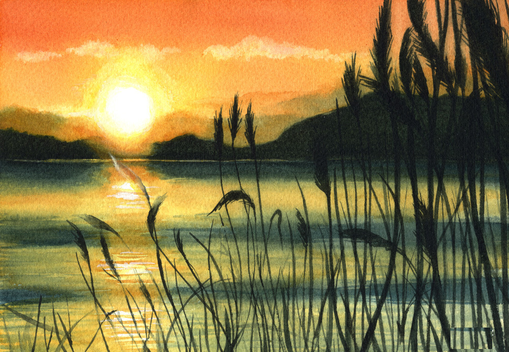 夕暮れ」という水彩画を描きました 懐かしい雰囲気の夕焼けを描いた絵