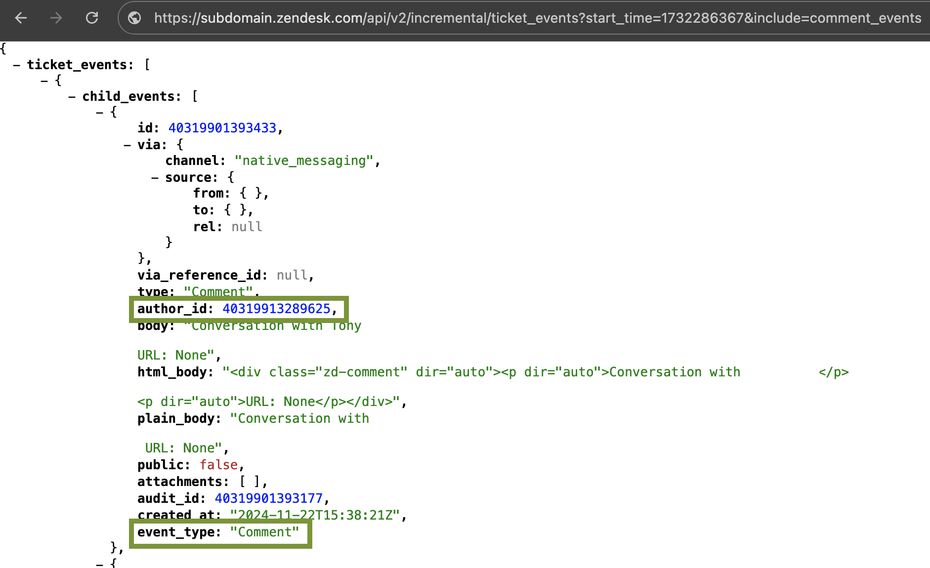 How to export messaging ticket comments with author information