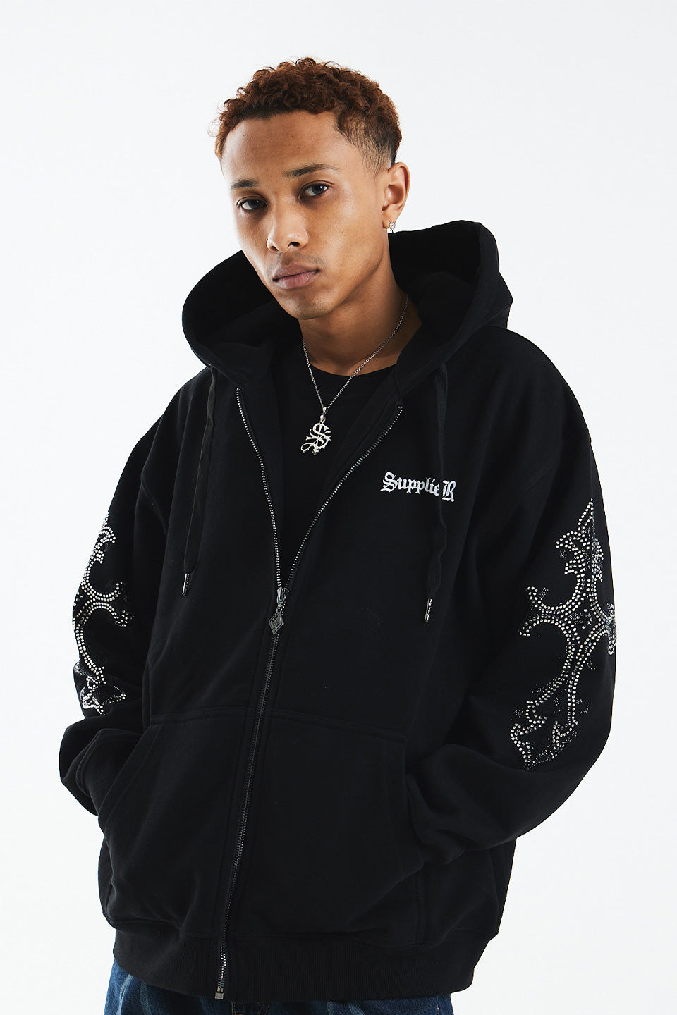 Rhinestone Cross Sleeve Zip Hoodie｜SUPPLIER｜フーディー