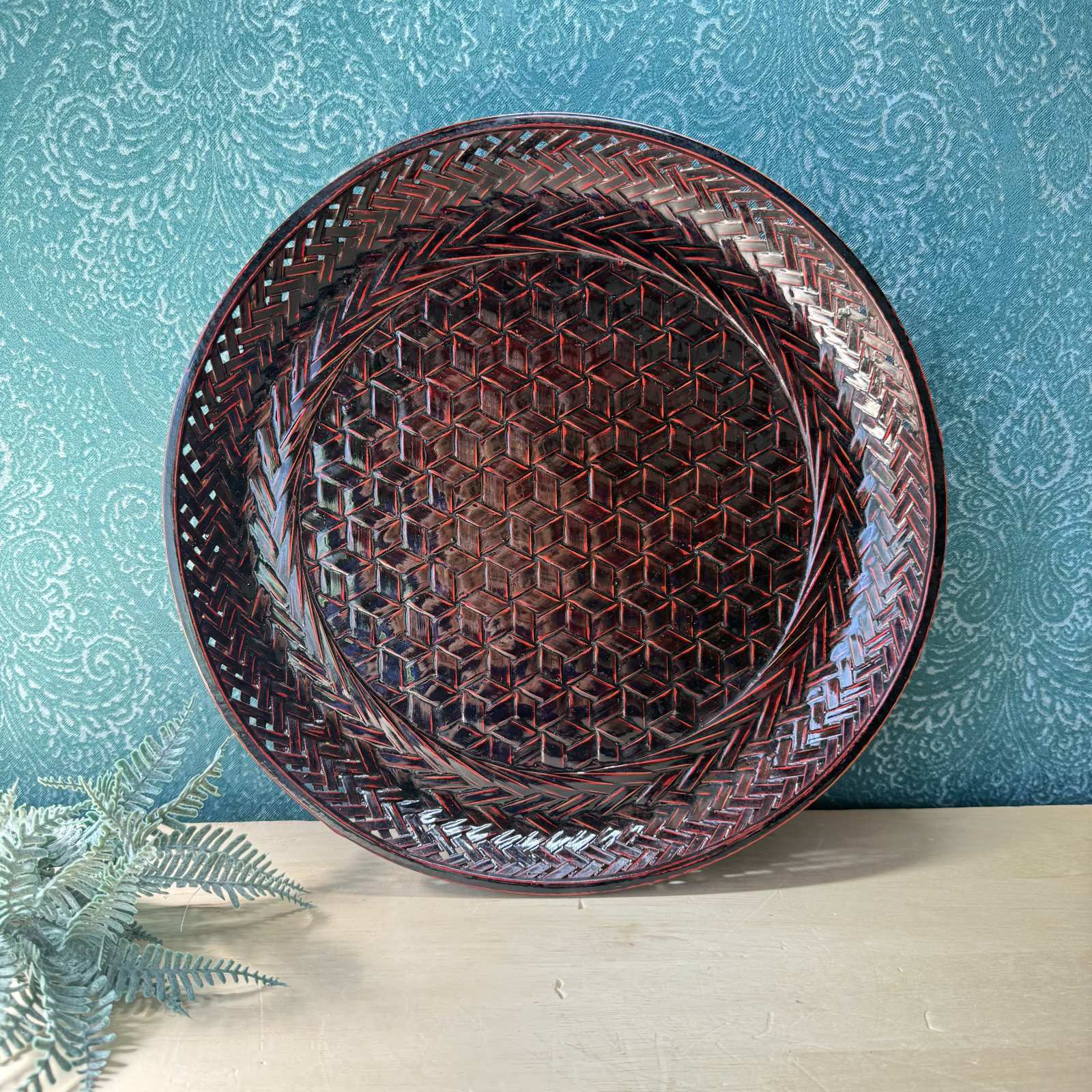 久留米籃胎漆器 丸 漆 透かし 盆