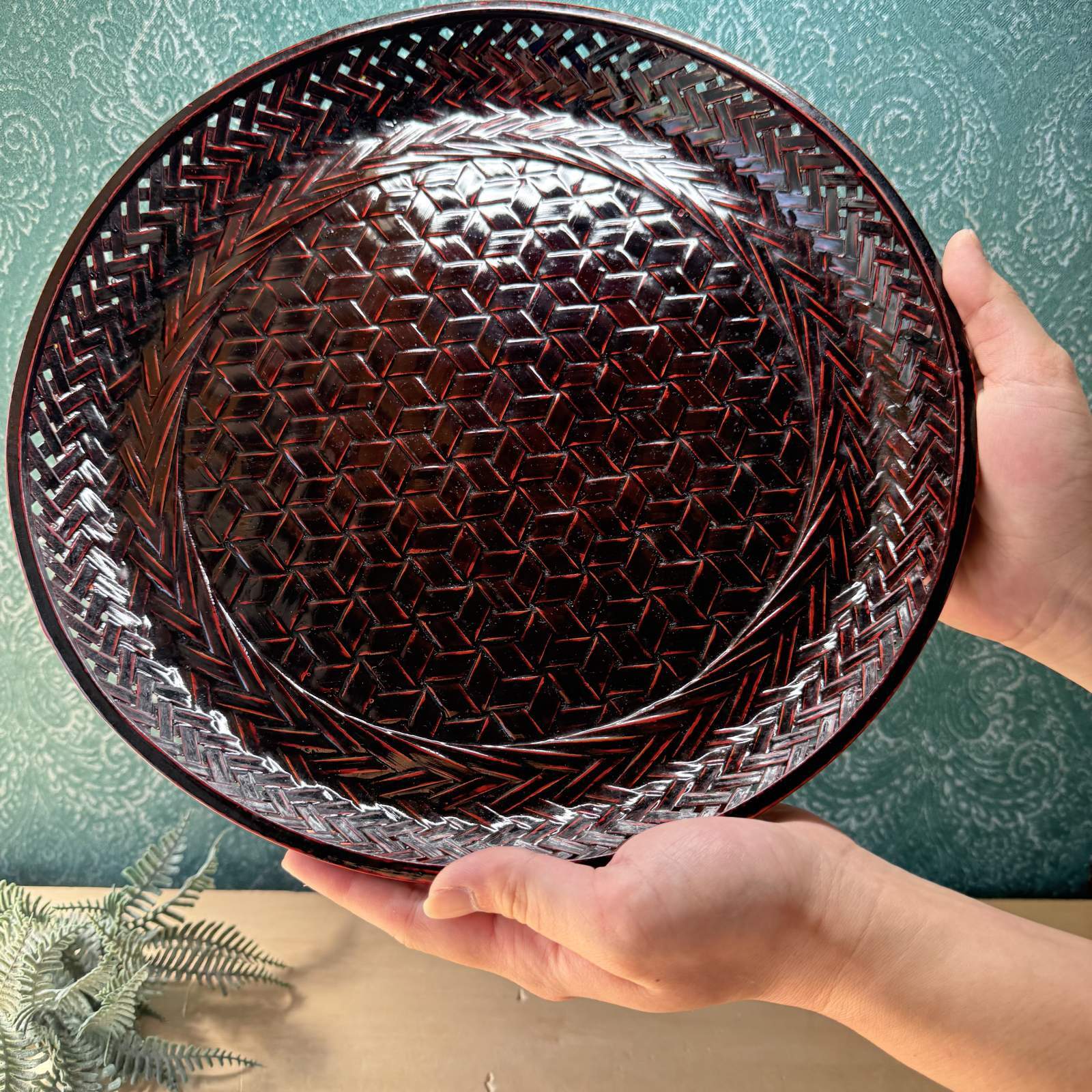 久留米籃胎漆器 丸 漆 透かし 盆