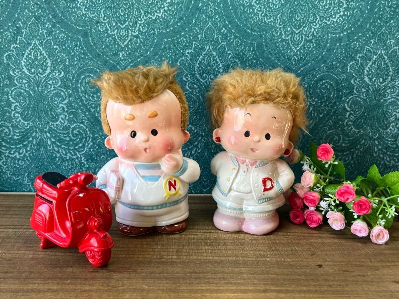 加藤工芸 陶器貯金箱 IVYちゃんバンク Dの子 Nの子 ペアセット vintageUSED
